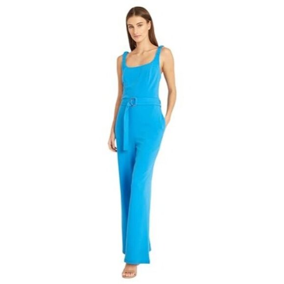 Donna Morgan Sleeveless Wide Leg Pant, Belt, Pockets Blue Jumpsuit SZ 14 - Picture 1 of 5